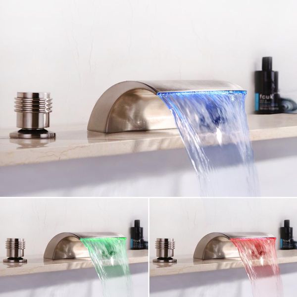 

bathroom sink faucets brushed finish led faucet dual handle basin tap for waterfall vessel
