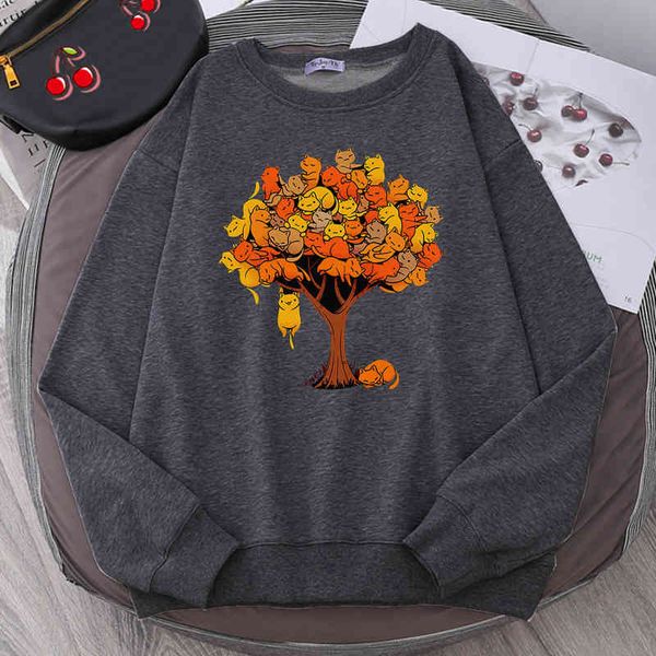 

cat tree cartoons prints hoodi mens casual autumn street hip hop hoody fce crewneck loose menswear pullover, Black