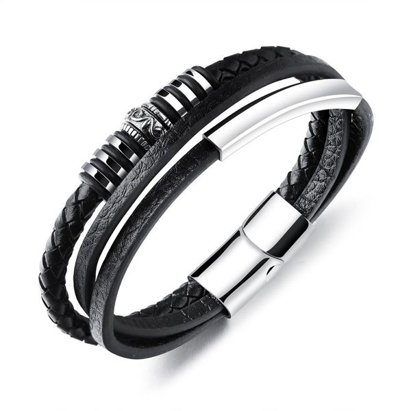 

multi-layer pu leather bracelet men magnet buckle 20cm long cool men men's braided rope bracelet 3-ph1162, Golden;silver