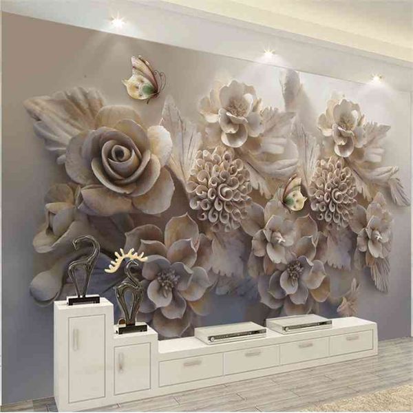 Benutzerdefinierte Wandbild 3D Wallpaper Europäische ästhetische dreidimensionale Relief 3D Blume Schmetterling Wohnzimmer Sofa Hintergrund Tapete 210722