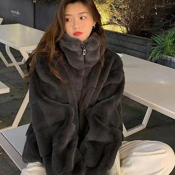 

women's fur & faux 2021 women winter fashion mink jackets female stand collar warm outwear ladies long sleeve solid loose coats u835, Black