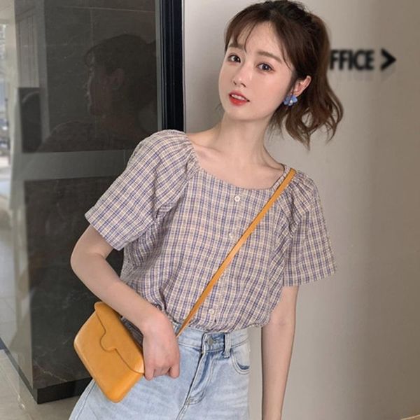 

women's blouses & shirts etosell women plaid print square collar slim vintage casual short sleeve shirt, White