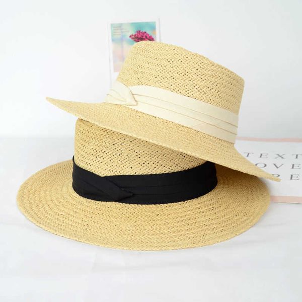 

summer women's boater beach hat wide side female casual panama hat lady classic flat ribbon straw sun hat women fedora 210531, Blue;gray