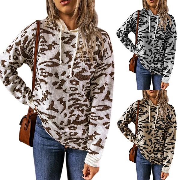 

women's hoodies & sweatshirts leopard pattern thick knitted long sleeves drawstring women hoodie autumn winter european and american fi, Black