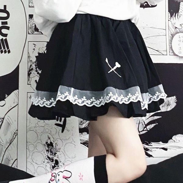 

summer korean style stitching lace high waist puffy skirt skirts, Black