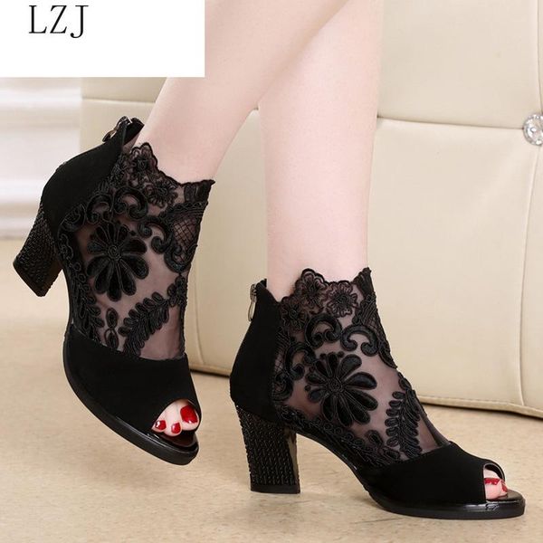 

dress shoes fashion 2021 summer mesh peep toe sandals heels single lace pumps woman high heel women platform ladies, Black