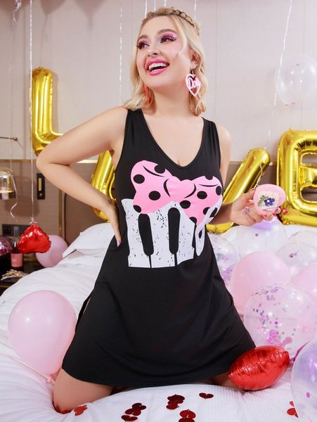 

plus bow & letter graphic tank nightdress 63qy#, Black;white