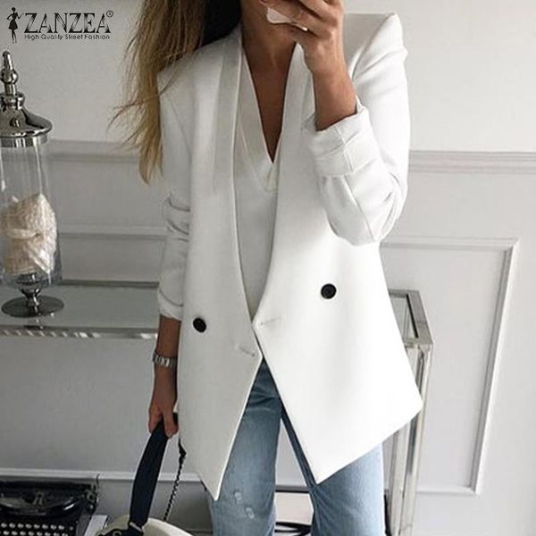

women's suits & blazers women stylish white cardigans 2021 fashion solid coats zanzea elegant ol suit outwear oversized v neck coat fem, White;black