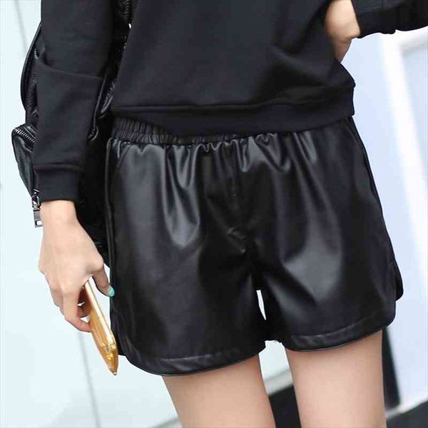 

pu leather black women short pants with pockets loose casual summer, White;black