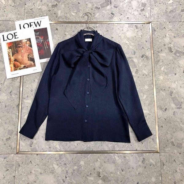 

shirt 100% silk spring autumn elegant style timeless luxury design bow neck navy, White