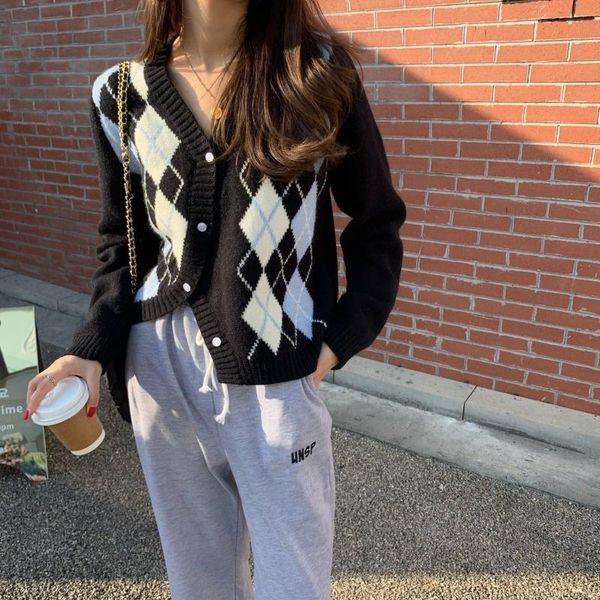 

women's knits & tees women vintage v-neck geometric pattern long sleeve sweater fashion knitted cardigan sweaters england style, White