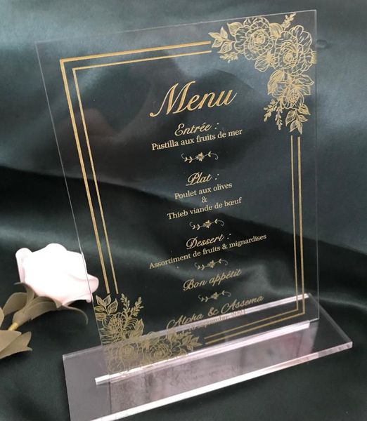 

greeting cards prined gold rose flower wedding menu,custom 10pcs acrylic invitation,acrylic invitation,resurant menu,acrylic party dinner me
