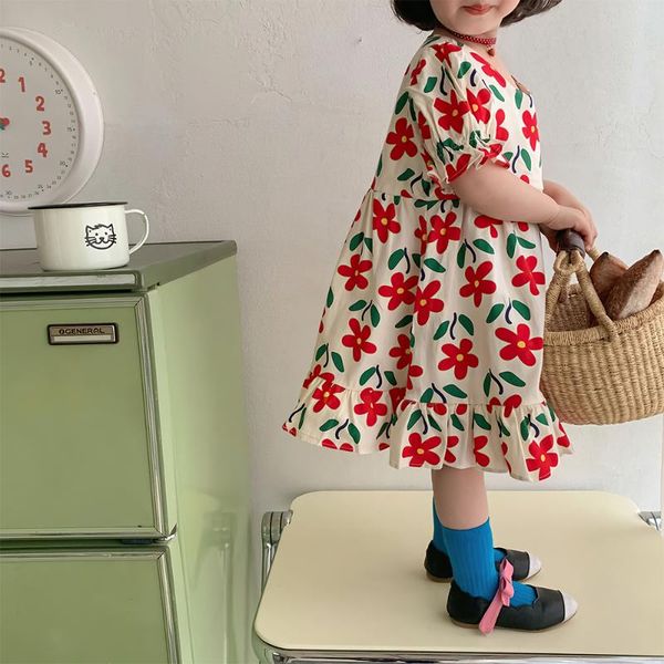 

summer 2021 girls floral casual dresses korean style cute children short sleeve little princess dress 2-6y kids for girl girl's, Red;yellow
