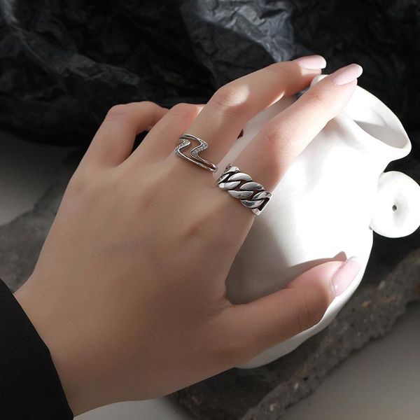 

cluster rings lispector 925 sterling silver hip hop retro wide cuban chain for women vintage rock punk hollow ring jewelry gifts, Golden;silver