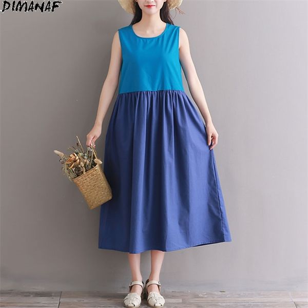

plus size summer linen dress women female sleeveless vest patchwork loose o-neck vintage long blue casual 210531, Black;gray
