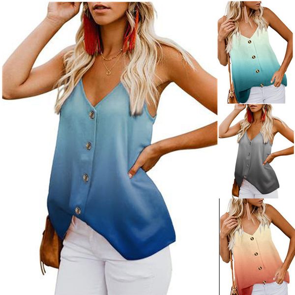 

women summer tank sling v-neck sleeveless casual loose button gradient print camisole female tank streetwear plus size 210507, White