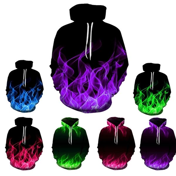 

flame 3d digital print pullover hoodie loose long sleeve lovers, Black
