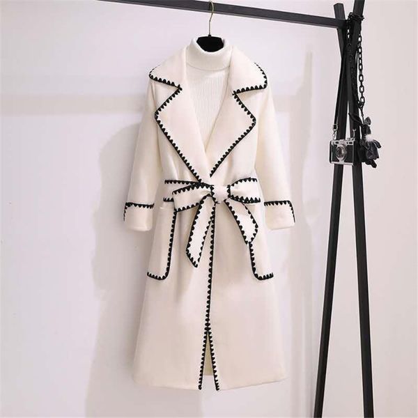 

women's wool & blends fashion korean style woolen coat women autumn winter mid-length elegant belt female overcoat0778, Black