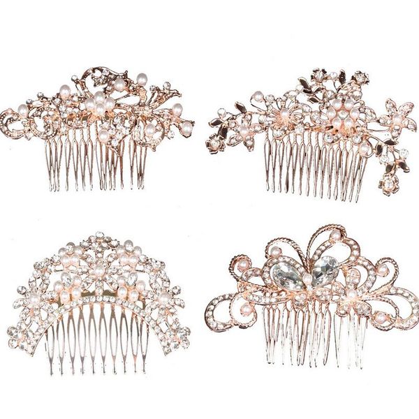 

bridal hair accessories crystal pearl combs rose gold wedding clips jewelry handmade women hairs ornaments headpieces, Slivery;golden