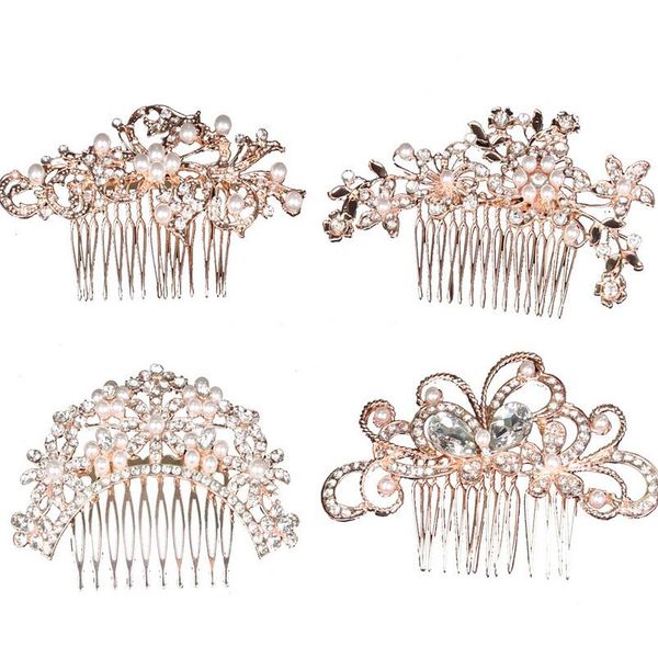 Accessori per capelli da sposa Pettini di perle di cristallo Oro rosa Clip di nozze Gioielli Fatti a mano Ornamenti per capelli da donna Copricapo