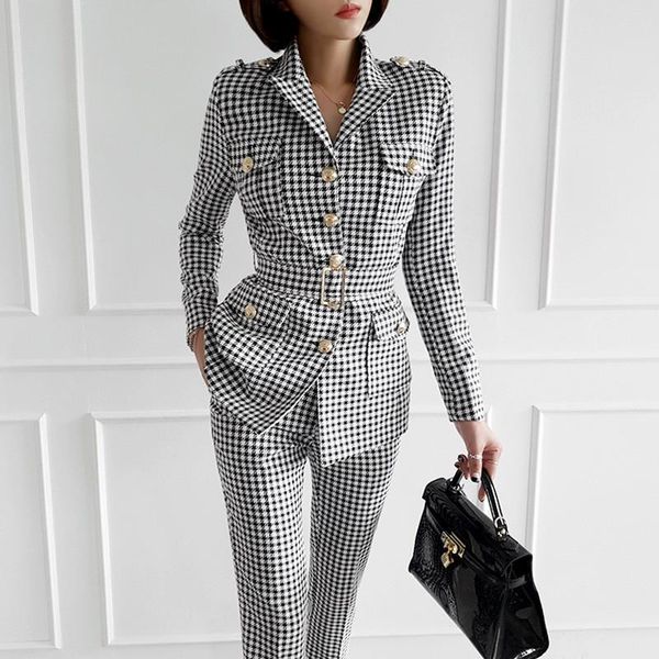 

women's two piece pants high-end fashion office ladies plaid suit slim fit autumn 2 pcs blazer suits vintage business work outfits ense, White