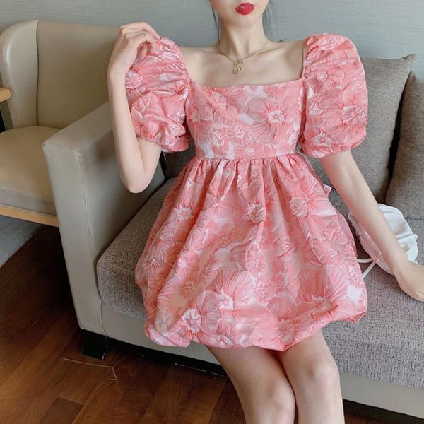 

women womens dresses cute puff sleeve mini floral print dress vintage short style casual loose ball gown for party vestidos, Black;gray