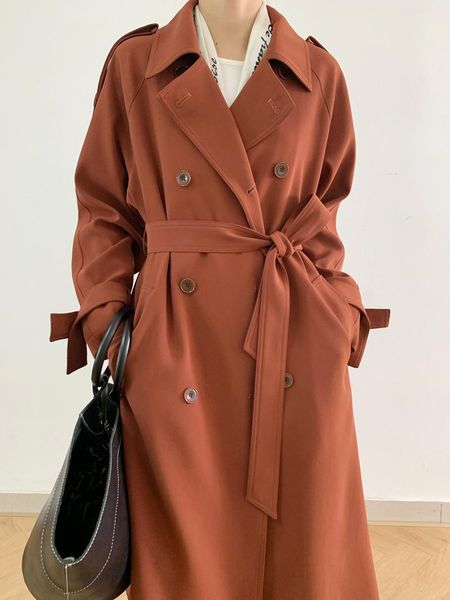 

women's trench coats women coat solid color double breasted with belt long outerwear casual vintage french style elegant windbreaker, Tan;black
