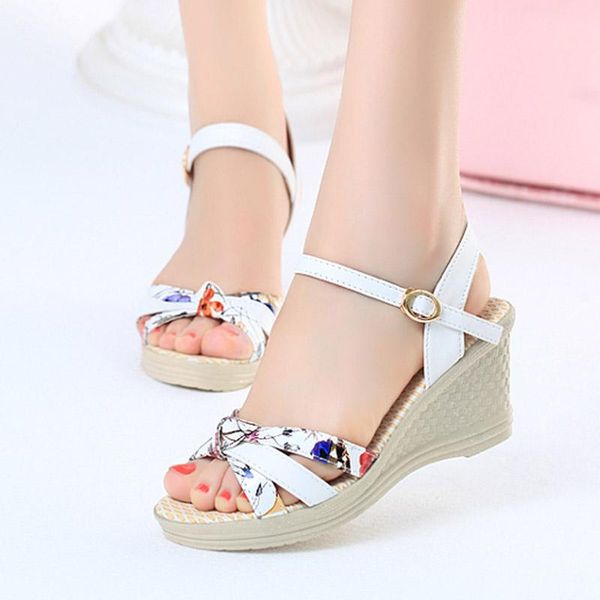 

summer wedges sandals flower print high heels sandal woman roma platform peep toe sandalias mujer romeetse 7434, Black