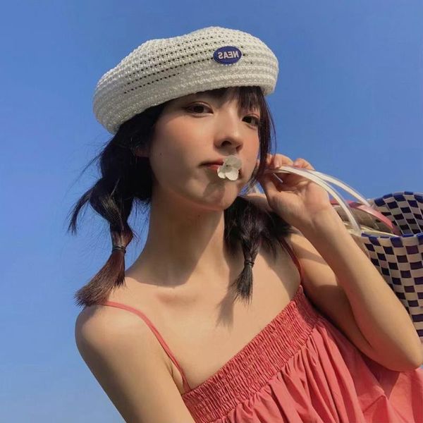 

berets summer beret hats for women flat cap knit hollow lady girl letter hat bone female french painter sun gorro, Blue;gray