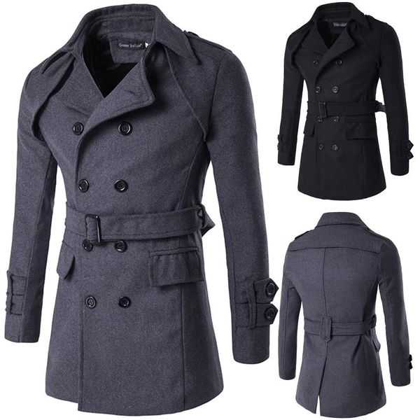 

men's trench coats men wool blends autumn winter solid color cold resistant woolen overcoat double collar casual coat male, Tan;black