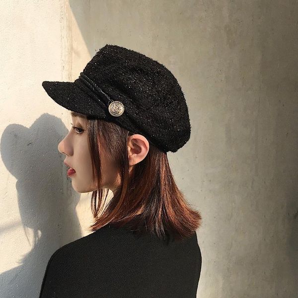 

berets autumn and winter tide of duck tongue cap, bright silk navy cap women's slim british octagonal women hats, Blue;gray