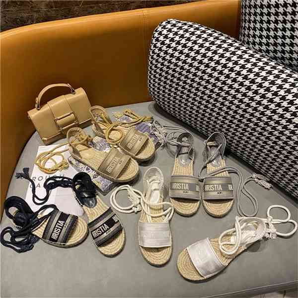 

official website 70% off outlet family fisherman's slippers new linen woven bandage cow tendon old flower letter embroidery sandals fac, Black