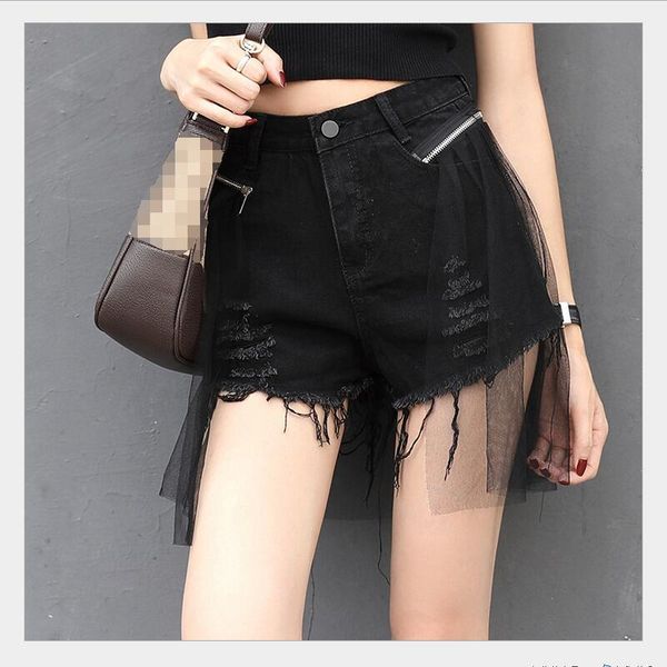 

women's shorts catonatoz 2244 ladies fashion retro tassel mesh black white lace ripped high waist short jeans punk girl denim, White;black