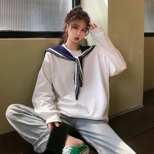 

women's hoodies & sweatshirts 2021 autumn fashion chic french pullover age reduction personality navy collar loose all-match long sleev, Black