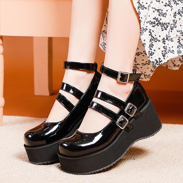 

college student shoes girl lolita jk uniform pu leather platform heels ankle strap womens pumps 2021 spring dress, Black