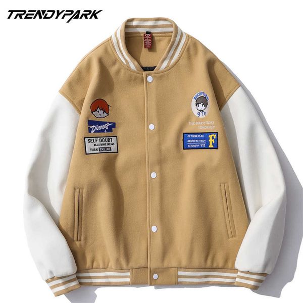 

men's jacket vintage baseball patches embroidery oversized loose style single-breasted streetwear coat men women clothing 210601, Black;brown