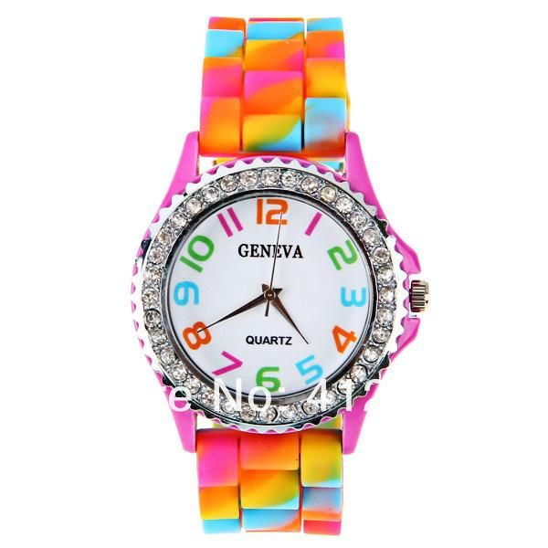 

geneva rainbow crystal rhinestone watch silicone jelly link band ladies women clock wristwatches, Slivery;brown