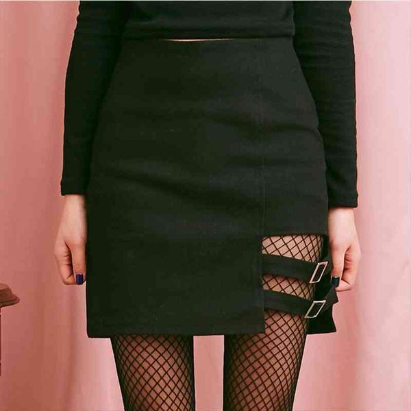 

summer harajuku skirt women right leg hollow out skirt female mini, Black