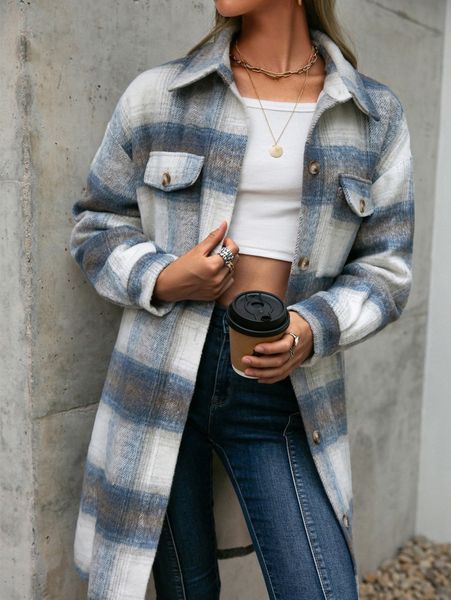 

simplee plaid print drop shoulder split hem overcoat q6bt#, Black