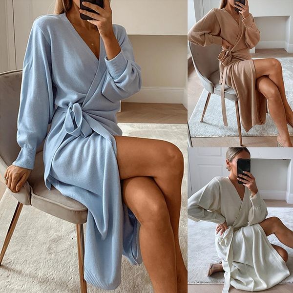 

autumn winter solid color womens sleepwears long sleeve knitted wrap belt dress maxi robe clothing, Black;red