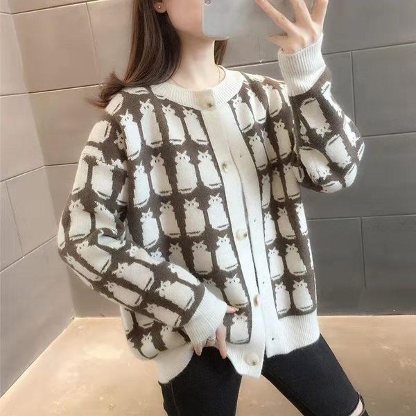 

women's knits & tees sweater jacket women knitted cardigan autumn and winter 2021 loose outer wear korean version of all-match jacquard, White