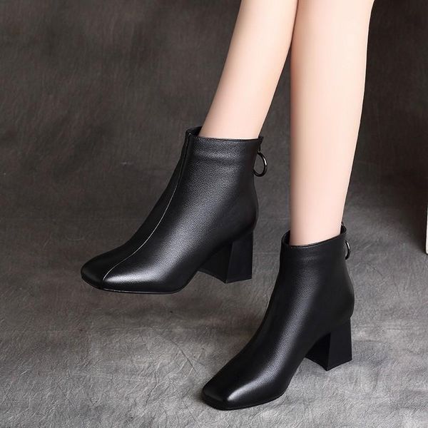 

boots 2021 women fashion thick heel zipper short autumn and winter single leather, Black