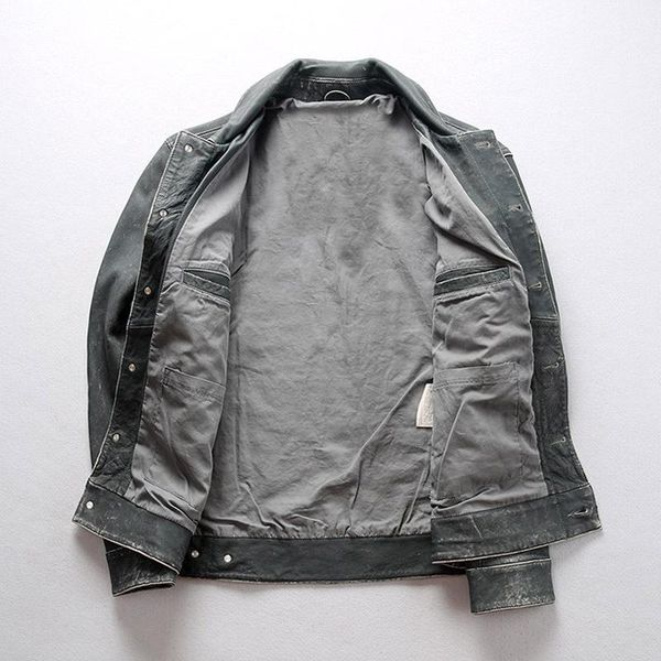

jacket genuine vintage leather jackets coats men autumn casual sheepskin motorcycle rider coat men's & faux, Black