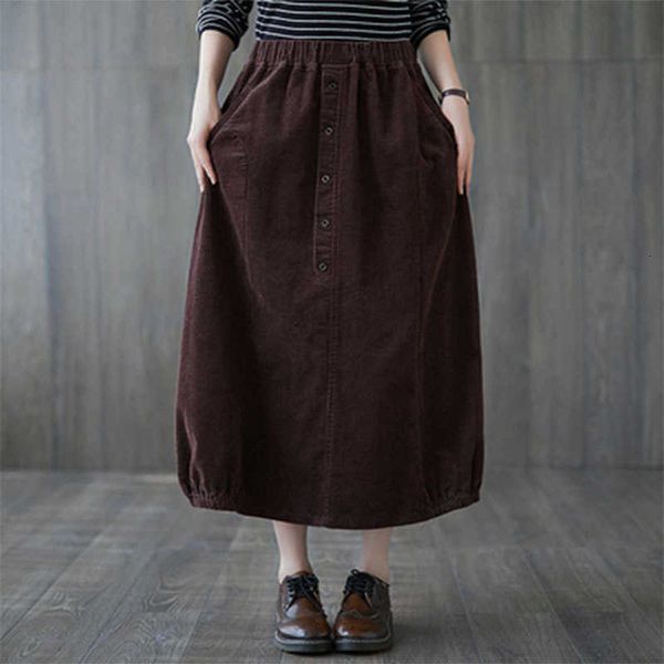 

skirts autumn winter arts style women elastic waist loose a-line cotton corduroy casual long skirt plus size saia s41 hhy5, Black