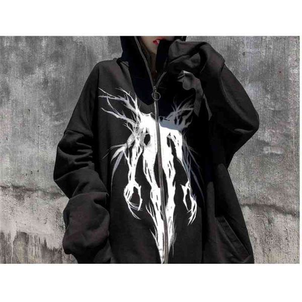 

women's jackets sagittatius punk graphic print zipper ribbon hooded hoodie women casual black cool oversize coat fashion sweatshirt str, Black;brown