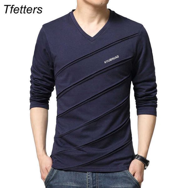 

tfetters brand t shirt men twill design v-collar long sleeve t-shirt plus size t-shirt slim cotton tees camisetas male 210623, White;black