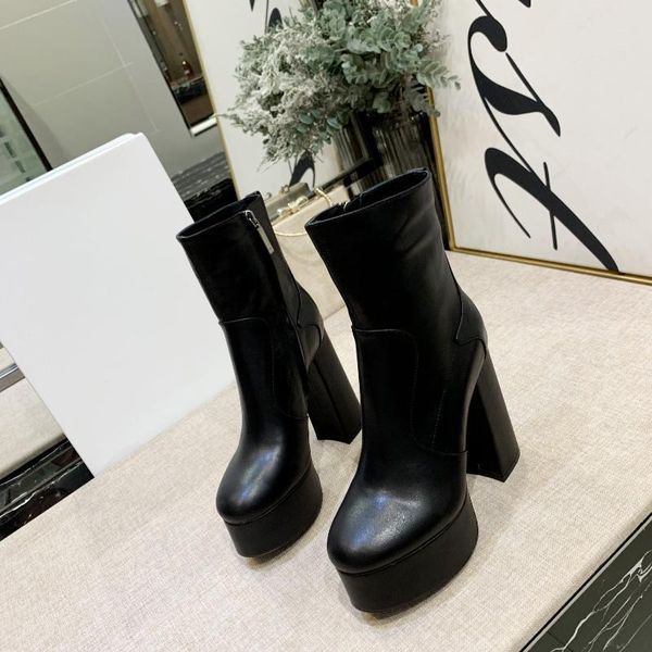 

boots women motorcycle platform super high heels ankle zipper round toe ladies footwear genuine leather zapatos de mujer, Black