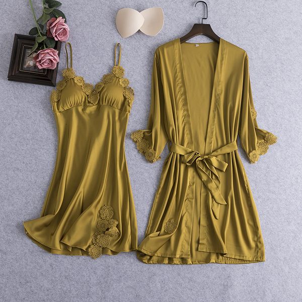 

sleepwear women faux silk 2 piece pajamas set stain lace summer spring sling nightgown robe home wear night nyxx clx7, Black;red