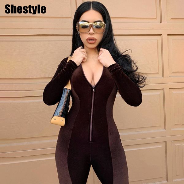 

shestyle 2021 autumn velvet jumpsuits women zipper bodycon patchwork slim mock neck elegant stunning jumpsuit fitted outfitin, Black;white