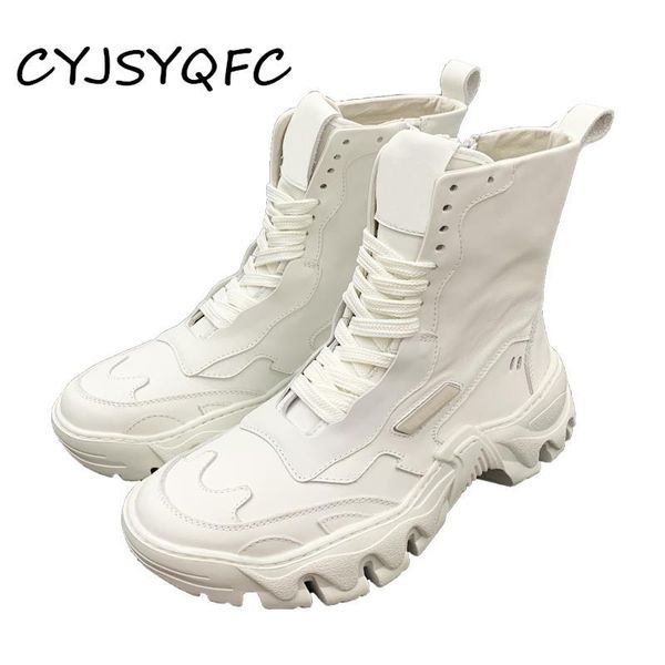 

boots cyjsyqfc autumn flat platform women round toe lace up thick bottom lady shoes white leather increase ankle, Black